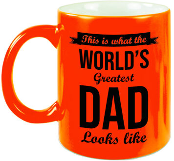 Bellatio Decorations Worlds Greatest Dad cadeau mok / beker neon oranje 330 ml - Vaderdag / verjaardag - feest mokken