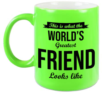 Bellatio Decorations Worlds Greatest Friend cadeau mok / beker neon groen 330 ml - feest mokken Geel