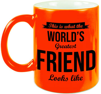 Bellatio Decorations Worlds Greatest Friend cadeau mok / beker neon oranje 330 ml - feest mokken Geel