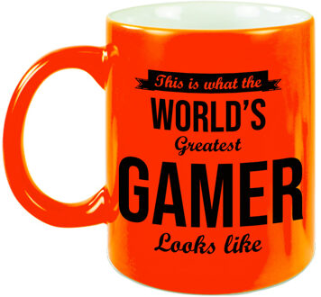 Bellatio Decorations Worlds Greatest Gamer - cadeau koffiemok - theebeker - neon oranje - 300 ml