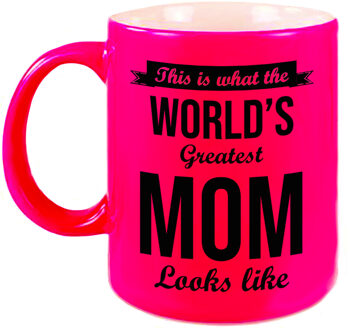 Bellatio Decorations Worlds Greatest Mom cadeau koffiemok / theebeker neon roze 330 ml - feest mokken