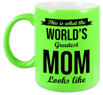 Bellatio Decorations Worlds Greatest Mom cadeau mok / beker neon groen 330 ml - Cadeau moeder - feest mokken