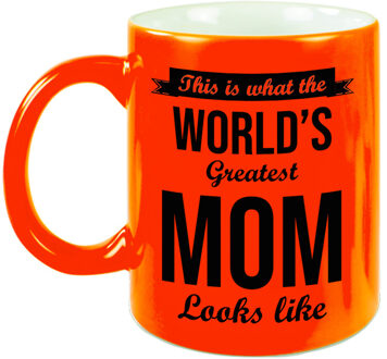 Bellatio Decorations Worlds Greatest Mom cadeau mok / beker neon oranje 330 ml - Cadeau moeder - feest mokken