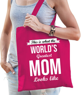 Bellatio Decorations Worlds greatest MOM kado tasje voor moeders verjaardag roze voor dames - Feest Boodschappentassen