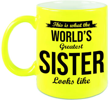 Bellatio Decorations Worlds Greatest Sister cadeau koffiemok / theebeker neon geel 330 ml - feest mokken