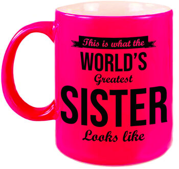 Bellatio Decorations Worlds Greatest Sister cadeau koffiemok / theebeker neon roze 330 ml