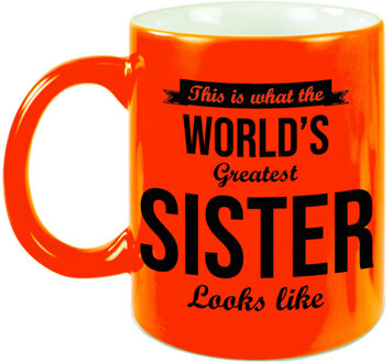 Bellatio Decorations Worlds Greatest Sister cadeau mok / beker neon oranje 330 ml - feest mokken