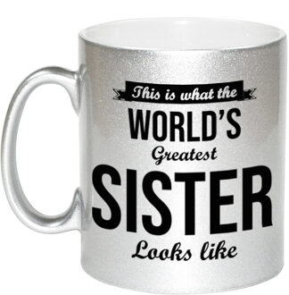 Bellatio Decorations Worlds Greatest Sister cadeau mok / beker zilverglanzend 330 ml - feest mokken Zilverkleurig