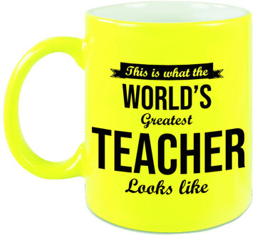 Bellatio Decorations Worlds Greatest Teacher cadeau koffiemok / theebeker voor leraar / lerares neon geel 330 ml - feest mokken