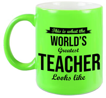 Bellatio Decorations Worlds Greatest Teacher cadeau koffiemok / theebeker voor leraar / lerares neon groen 330 ml - feest mokken