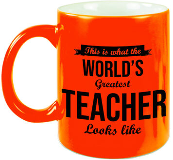 Bellatio Decorations Worlds Greatest Teacher cadeau koffiemok / theebeker voor leraar / lerares neon oranje 330 ml