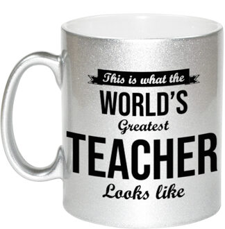 Bellatio Decorations Worlds Greatest Teacher cadeau mok / beker voor juf / meester zilverglanzend 330 ml - feest mokken Zilverkleurig