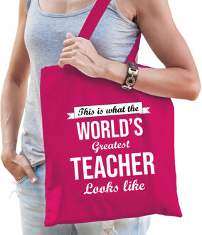 Bellatio Decorations Worlds greatest TEACHER lerares cadeau tas roze voor dames