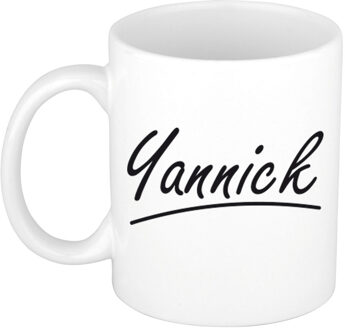 Bellatio Decorations Yannick Naam koffiemok - beker - met sierlijke letters - wit - 300 ml - Cadeau - Heren