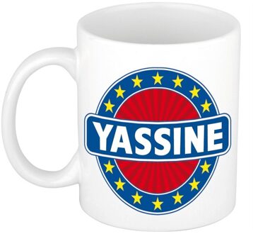 Bellatio Decorations Yassine voornaam koffiemok - beker - wit/blauw - 300 ml - Cadeau - Heren - Collega - Vaderdag Multi