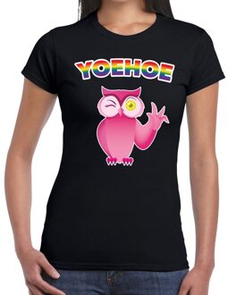Bellatio Decorations Yoehoe gay pride knipogende roze uil t-shirt zwart voor dames