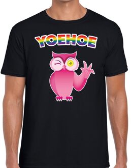 Bellatio Decorations Yoehoe gay pride knipogende roze uil t-shirt zwart voor heren