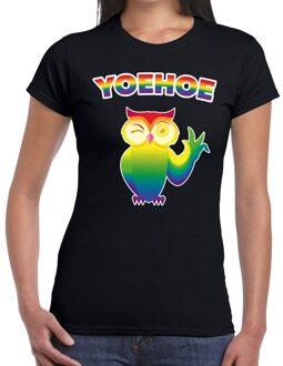 Bellatio Decorations Yoehoe gay pride t-shirt met knipogende uil zwart voor dames 2XL
