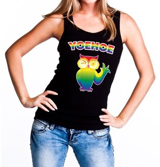 Bellatio Decorations Yoehoe gay pride tanktop met knipogende uil zwart voor dames L