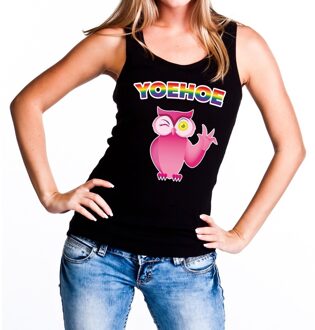 Bellatio Decorations Yoehoe gay pride tanktop met roze knipogende uil zwart dames L