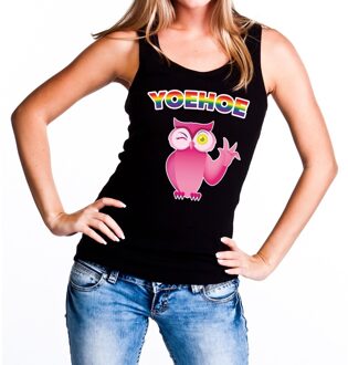 Bellatio Decorations Yoehoe gay pride tanktop met roze knipogende uil zwart dames
