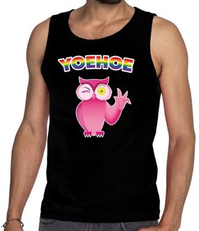 Bellatio Decorations Yoehoe gay pride tanktop met roze knipogende uil zwart heren 2XL