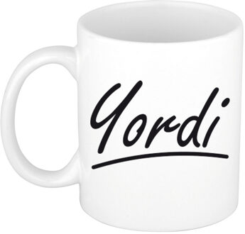 Bellatio Decorations Yordi Naam koffiemok - beker - met sierlijke letters - wit - 300 ml - Cadeau - Heren
