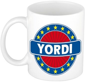 Bellatio Decorations Yordi voornaam koffiemok - beker - wit/blauw - 300 ml - Cadeau - Heren - Collega - Vaderdag