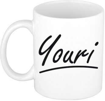 Bellatio Decorations Youri Naam koffiemok - beker - met sierlijke letters - wit - 300 ml - Cadeau - Heren