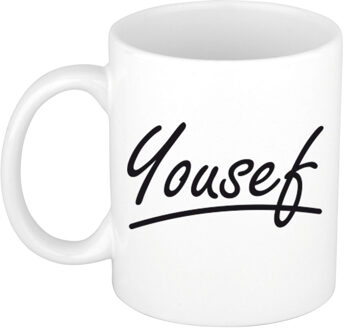 Bellatio Decorations Yousef Naam koffiemok - beker - met sierlijke letters - wit - 300 ml - Cadeau - Heren