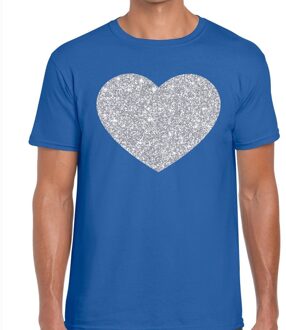Bellatio Decorations Zilver hart glitter fun t-shirt blauw heren M