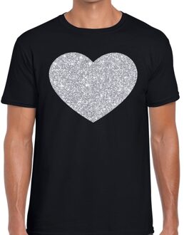 Bellatio Decorations Zilver hart glitter fun t-shirt zwart heren M