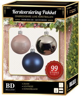 Bellatio Decorations Zilver/lichtroze/donkerblauw Kerstversiering voor 150 cm boom 99-delig - Kerstbal Multikleur