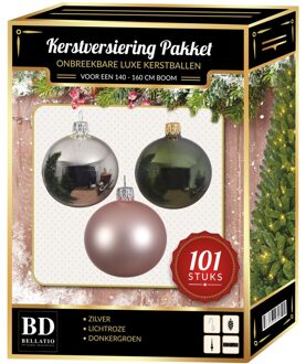 Bellatio Decorations Zilver/lichtroze/donkergroen Kerstversiering voor 150 cm boom 101-delig - Kerstbal Multikleur