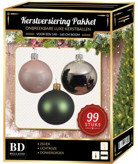 Bellatio Decorations Zilver/lichtroze/donkergroen Kerstversiering voor 150 cm boom 99-delig - Kerstbal Multikleur