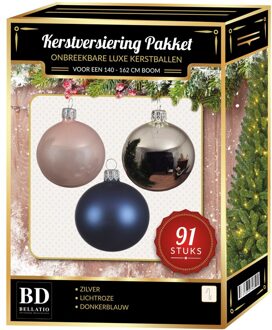 Bellatio Decorations Zilvere/donkerblauwe/lichtroze kerstballen pakket 91-delig voor 150 cm boom - Kerstbal Multikleur