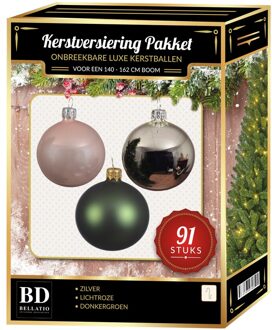 Bellatio Decorations Zilvere/donkergroene/lichtroze kerstballen pakket 91-delig voor 150 cm boom - Kerstbal Multikleur