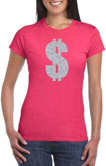 Bellatio Decorations Zilveren dollar / Gangster verkleed t-shirt / kleding - roze - voor dames - Verkleedkleding / carnaval / outfit / gangsters 2XL