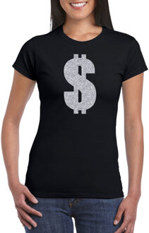 Bellatio Decorations Zilveren dollar / Gangster verkleed t-shirt / kleding - zwart - voor dames - Verkleedkleding / carnaval / outfit / gangsters XS