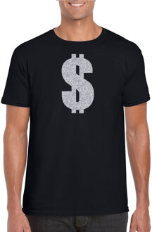 Bellatio Decorations Zilveren dollar / Gangster verkleed t-shirt / kleding - zwart - voor heren - Verkleedkleding / carnaval / outfit / gangsters 2XL