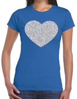 Bellatio Decorations Zilveren hart glitter t-shirt blauw dames M