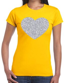 Bellatio Decorations Zilveren hart glitter t-shirt geel dames 2XL