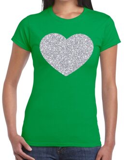 Bellatio Decorations Zilveren hart glitter t-shirt groen dames 2XL