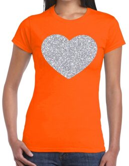 Bellatio Decorations Zilveren hart glitter t-shirt oranje dames 2XL