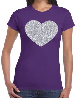 Bellatio Decorations Zilveren hart glitter t-shirt paars dames S