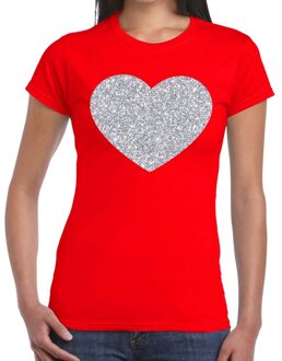 Bellatio Decorations Zilveren hart glitter t-shirt rood dames XS