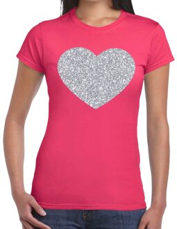 Bellatio Decorations Zilveren hart glitter t-shirt roze dames XS