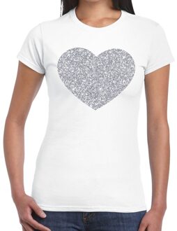 Bellatio Decorations Zilveren hart glitter t-shirt wit dames S