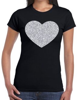 Bellatio Decorations Zilveren hart glitter t-shirt zwart dames M