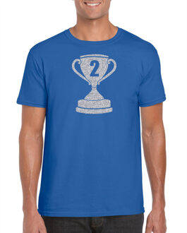 Bellatio Decorations Zilveren kampioens beker / nummer 2 t-shirt / kleding - blauw - voor heren - NR.2 - kampioens shirts / winnaars / outfit S